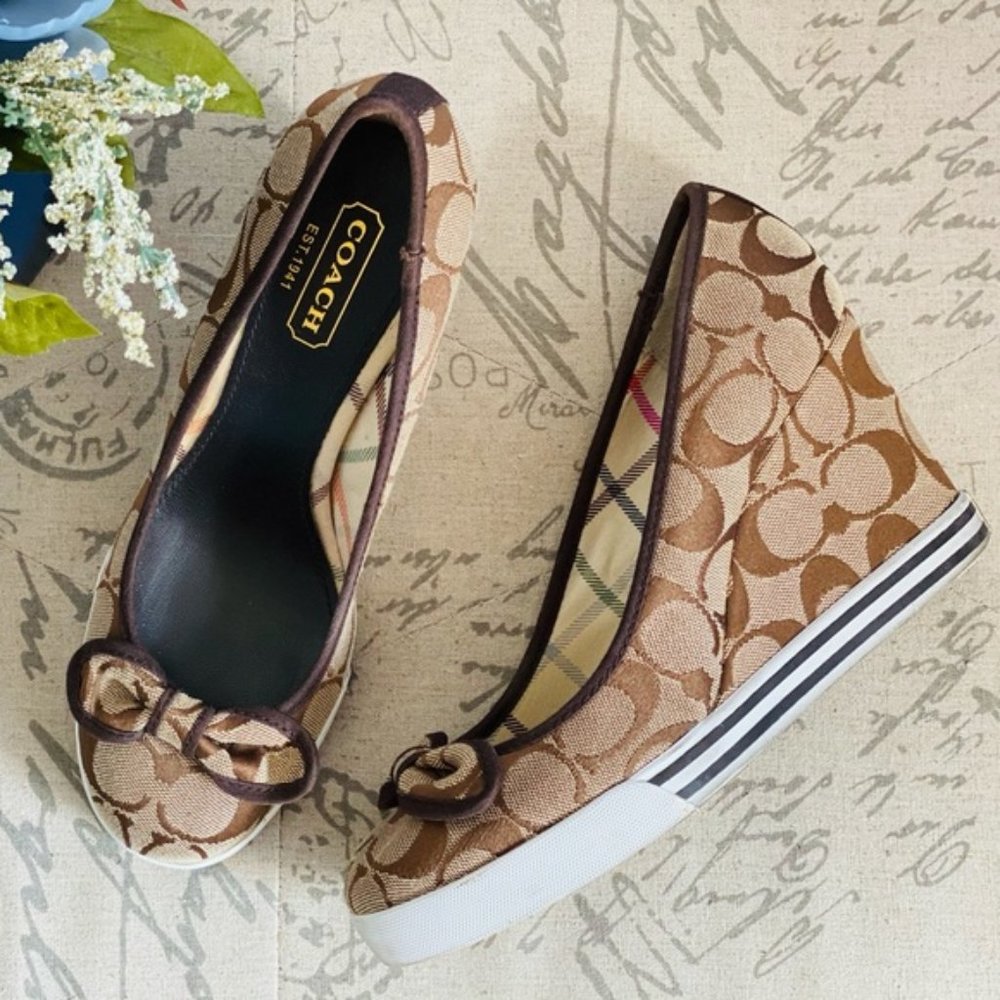 Coach Tan Signature Jacquard Bow Sneaker Wedge Pumps